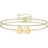 Turandoss Two Initial Bracelet for Women Trendy, Dainty 14K Gold Plated 2 Initial A-Z Disc Stacked Layered Bracelet Set Personalized Friendship Gifts Jewelry for Women Girls