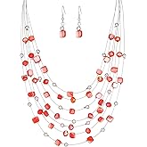 Multi-Layer Boho Shell Beaded Necklace for Women Colorful Crystal Strand with Silver Beads Statement Collars Necklace and Earrings Costumes Jewelry Sets for Women