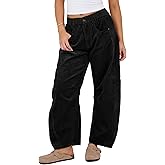 SeekMe Women's Corduroy Pants Barrel Mid-Rise Elastic Waist Cord Pants Casual Wide Leg Baggy Trouser with Pockets