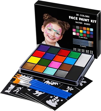 ENJSD Face Paint Set, 18 Colors, 5 Brushes, 30 Stencils, Water Based Non-Toxic