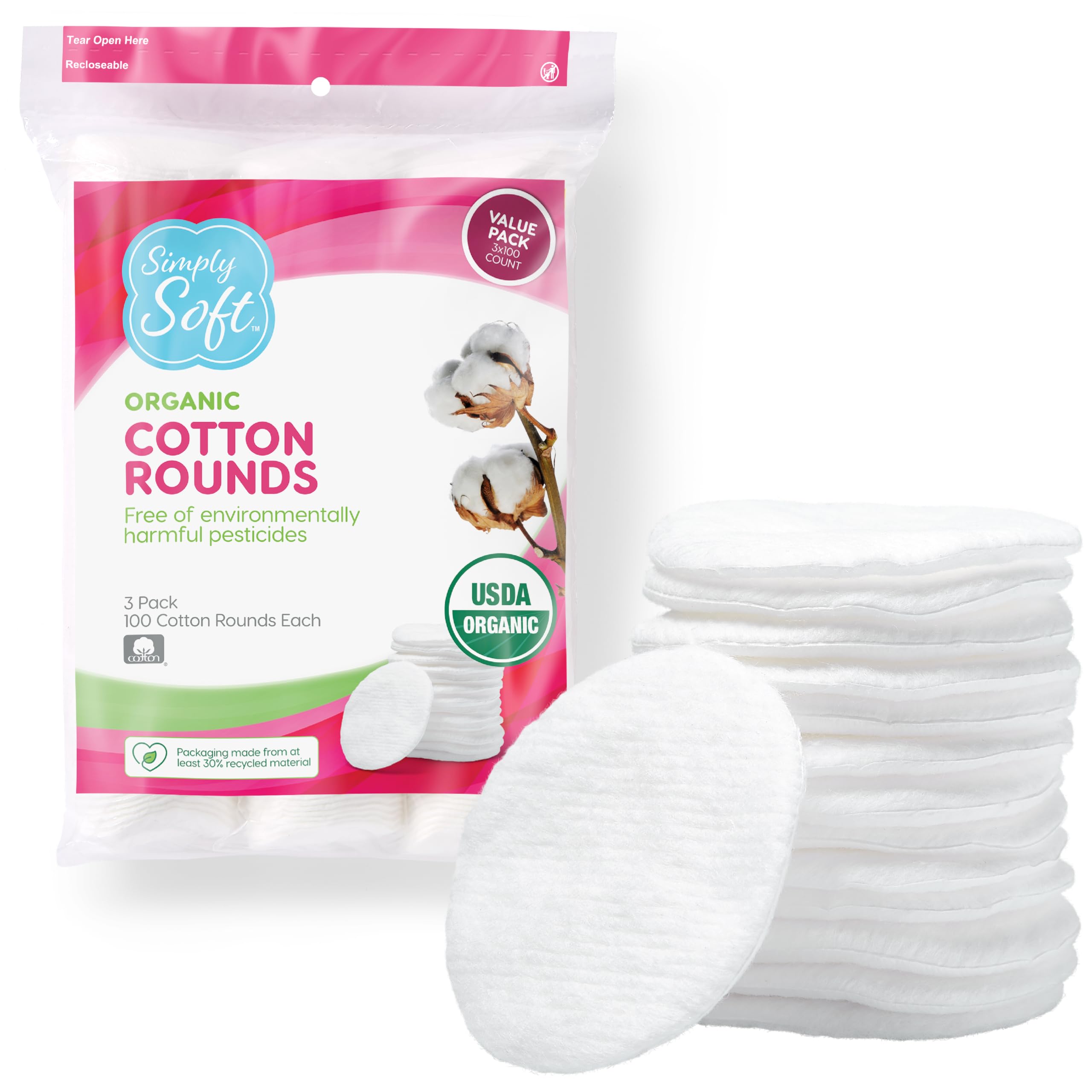 Simply Soft Premium Organic Cotton Rounds, 100 Count (Pack of 3), 100% Cotton Pads, Certified Organic, Hypoallergenic, Soft & Absorbent for Beauty, Cosmetics, Skin Care, Lint Free