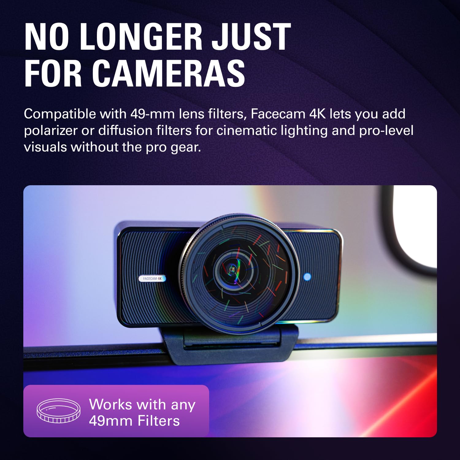 Elgato Facecam 4K - 4K60 Studio Webcam, DSLR-Like Control, Cinematic Effects, 49mm Lens Filters, HDR, Uncompressed Video, Optimized Focus Area | USB-C for PC & Mac