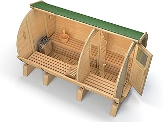 Isidor Fasssauna M3 Premium 3,60m, mit Vorraum, Espe-Saunaholz bei Allen Innensitzbänken (grüne Dachschindeln)