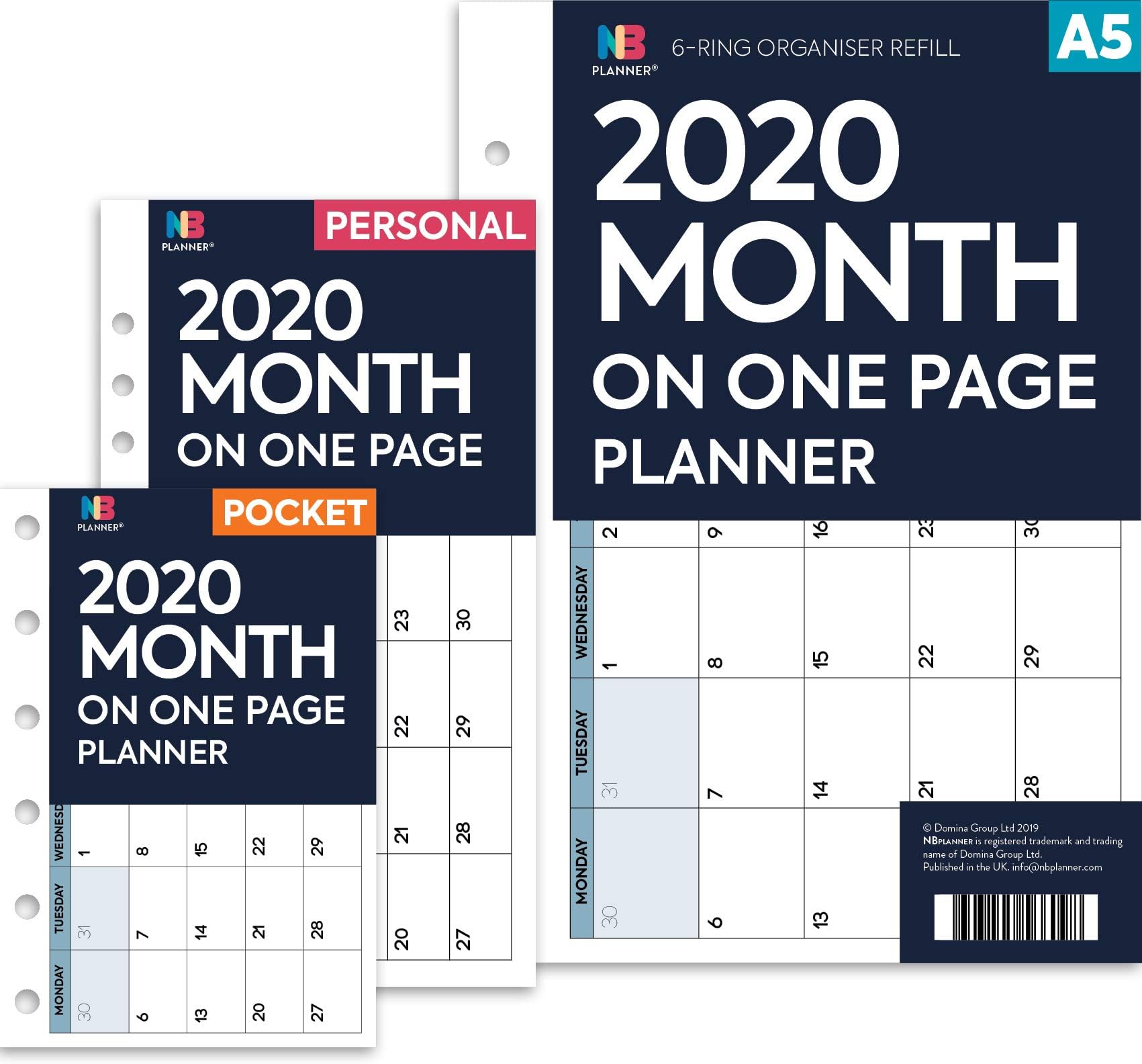 NBplanner® 2020 Month on one Page Diary Organiser Refill Planner Insert Filofax Compatible White (Personal: 95 x 171 mm)