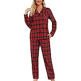 ENJOYNIGHT Womens Cotton Flannel Pajamas Set Plaid Button Pjs Long Sleeve Sleepwear