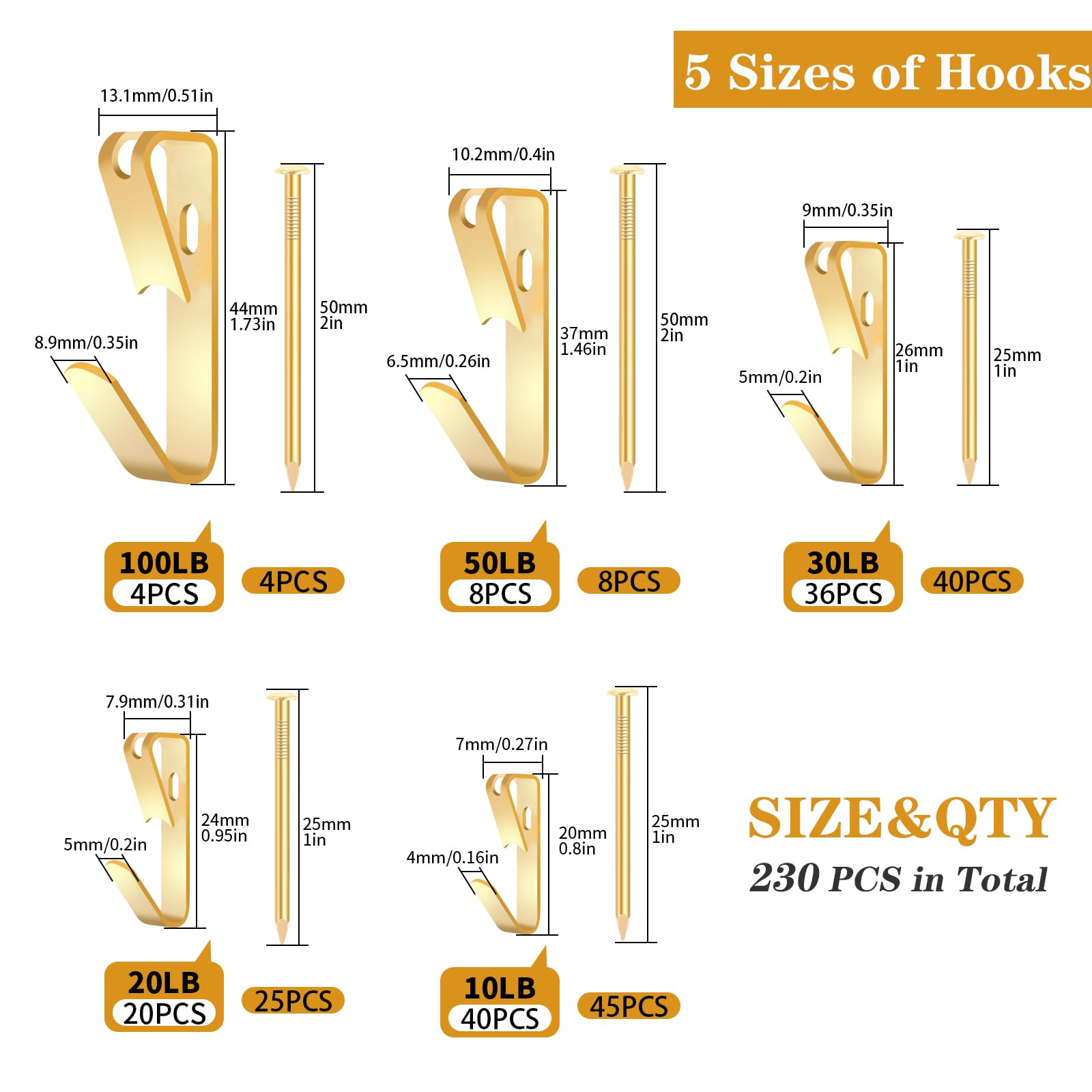 230PCS Picture Hanging Kit, Heavy Duty Picture Hangers for Drywall 5 Sizes 100-10lbs Picture Hooks for Hanging Hardware Mirror, Pictures Frame Hanger Include Nails