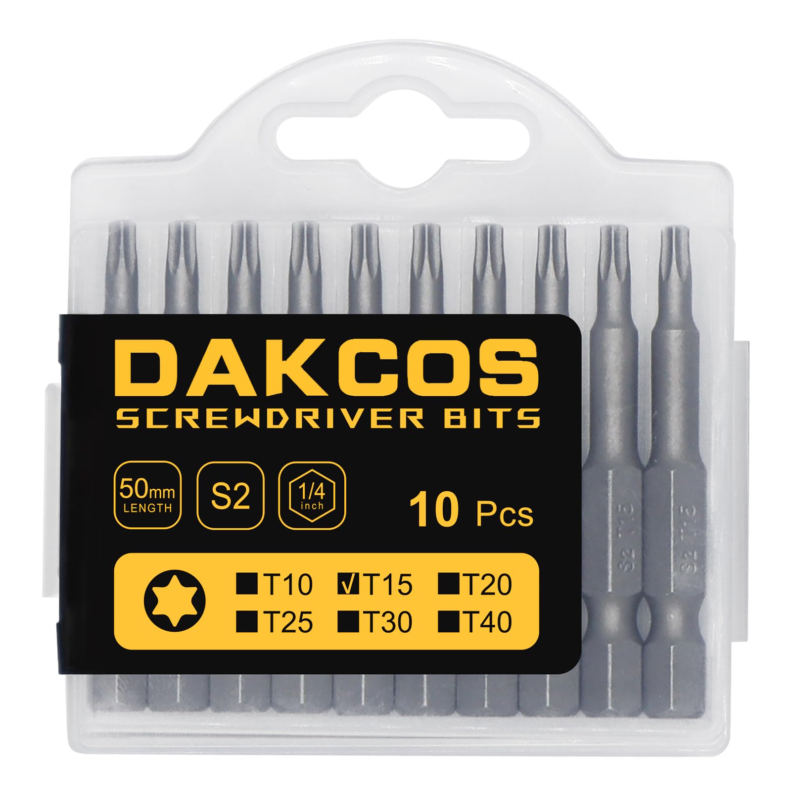 DAKCOS T15 Torx Set, 10PCS Impact Driver Bit, 1/4'' Screwdriver Bits, Premium S2 Alloy Steel, 50mm Long
