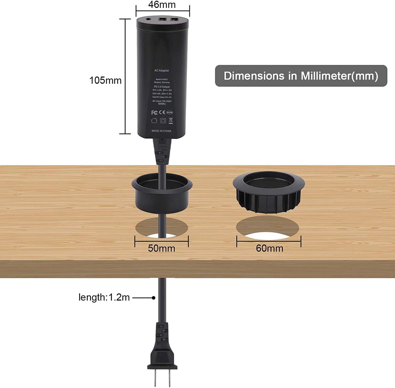 Gonine Desktop Grommet with USB, Hidden Power Socket, Desktop Charging Station, with 1 Type C and 2 USB Power Ports - Image 4