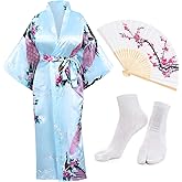 Heone Kimono Satin Peacock Printed Lightweight Cardigan Jacket Coat Yukata Cloak Bathrobe Tops folding Fans Tabi Socks Set