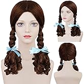 ANOGOL Wig Cap+(2 Blue Ribbons) Brown Long Wig with Double Braided Wigs for Princess Wigs with Middle Part Bangs Princess Outfit for Cosplay Costume Halloween Party
