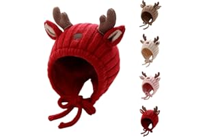 Christmas Reindeer Antlers Baby Beanie Cute Earflap Warm Christmas Cap Soft Crochet Knitted Hat for Toddler Girls Boys