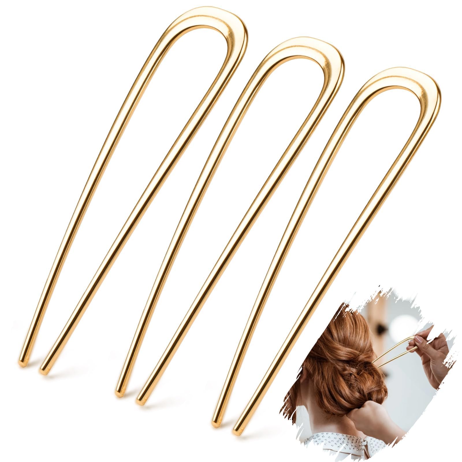 Mbsomnus 3Pcs French Hair Pin Metal 14cm/5.5in French Pin French Twist Hair Pin U Shaped Hair Fork Gold Hair Pins Large Updo Hairpin for Women Girls All Hairstyle Decorative Accessories