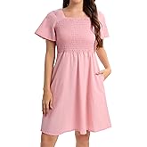 Yiyilina Summer Dress for Women 2025:Casual Short Sleeve Square Neck Boho Dresses with Pockets Smocked Ruffle Beach Sundress