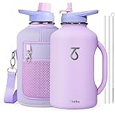 Trebo 64 oz Water Bottle Insulated with Handle, Leakproof Half Gallon Vacuum Stainless Steel Large Water Jug (Keep Cold for 48hrs),Gym Water Bottles Flask For Women with Straw Spout Lids Strap,Purple
