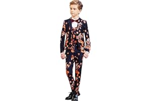Marvelous World Boys' 4-Piece Slim Fit Printed Tuxedo Suit Set, Jacket, Vest, Pants and Bow tie