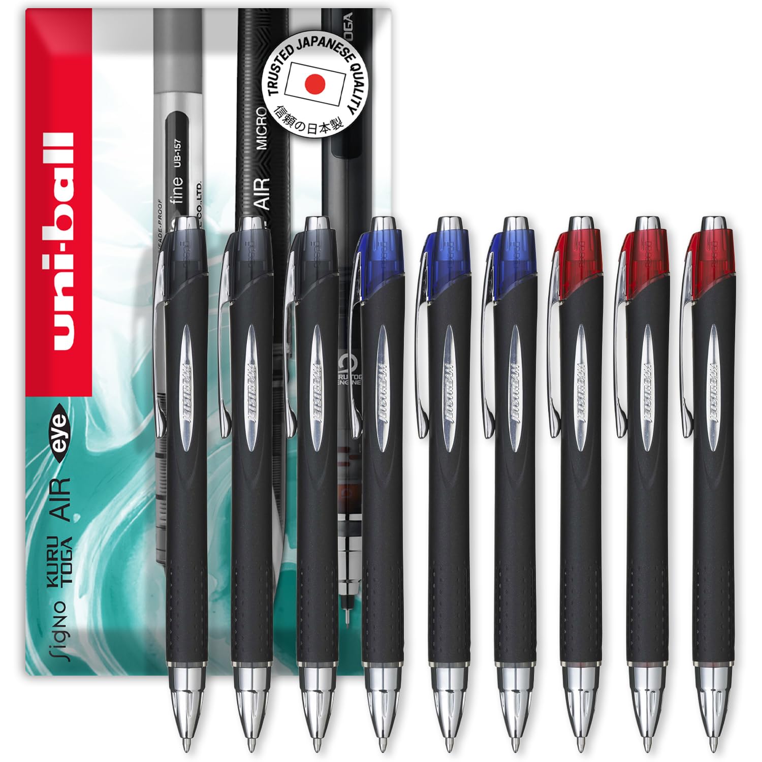 uni-ball Jetstream Retractable Rollerball Pens - SXN-210 RT - 1.0mm Nib - In Envelope Gift Packaging (Pack of 9, Multicolor)