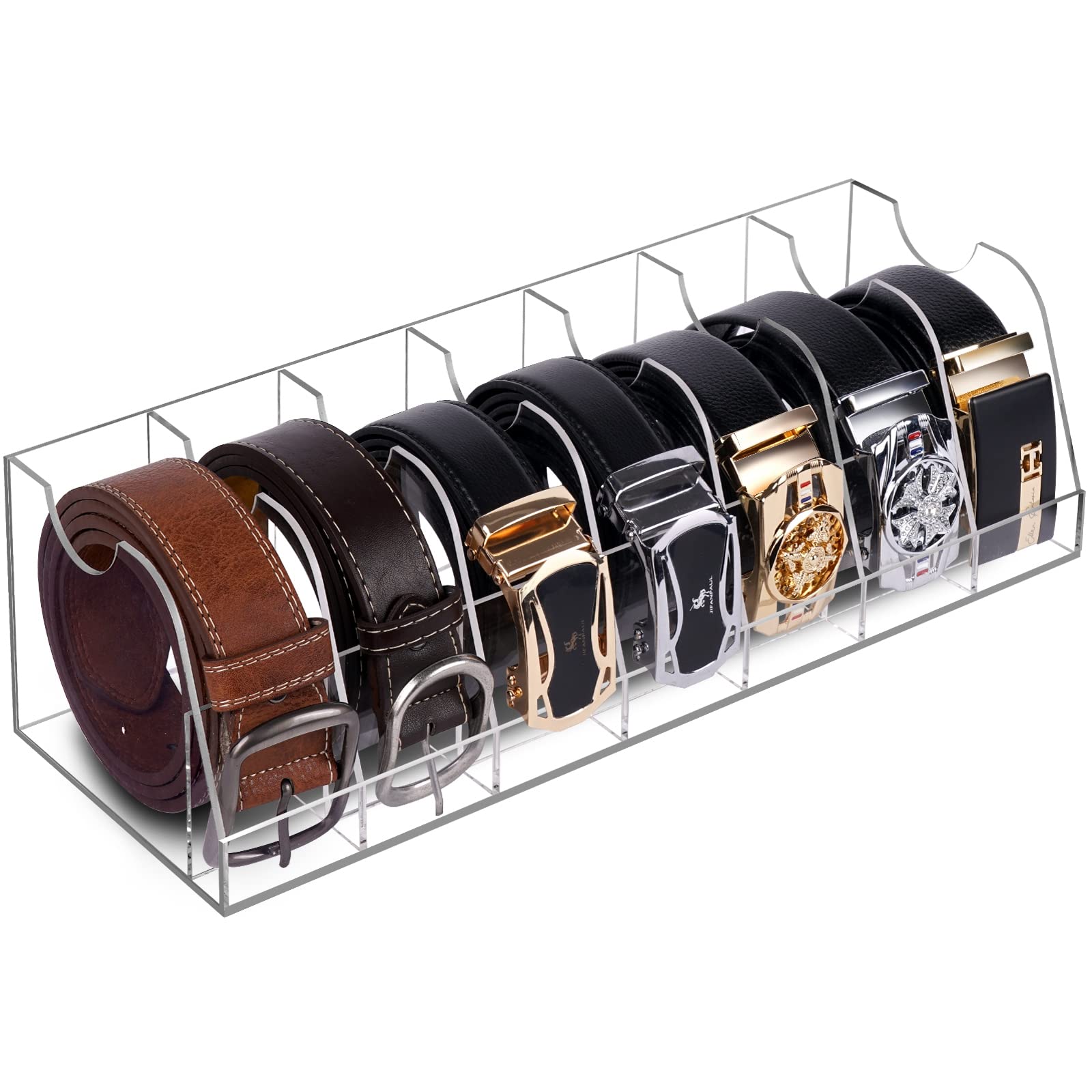 Prounion Clear Belt Storage Organizer, 7 Compartments Acrylic Belt Rack Container Holder for Closet Drawer, Universal Clear Belt Display Box Case Acrylic Closet Belt Storage Shelf for Men Women