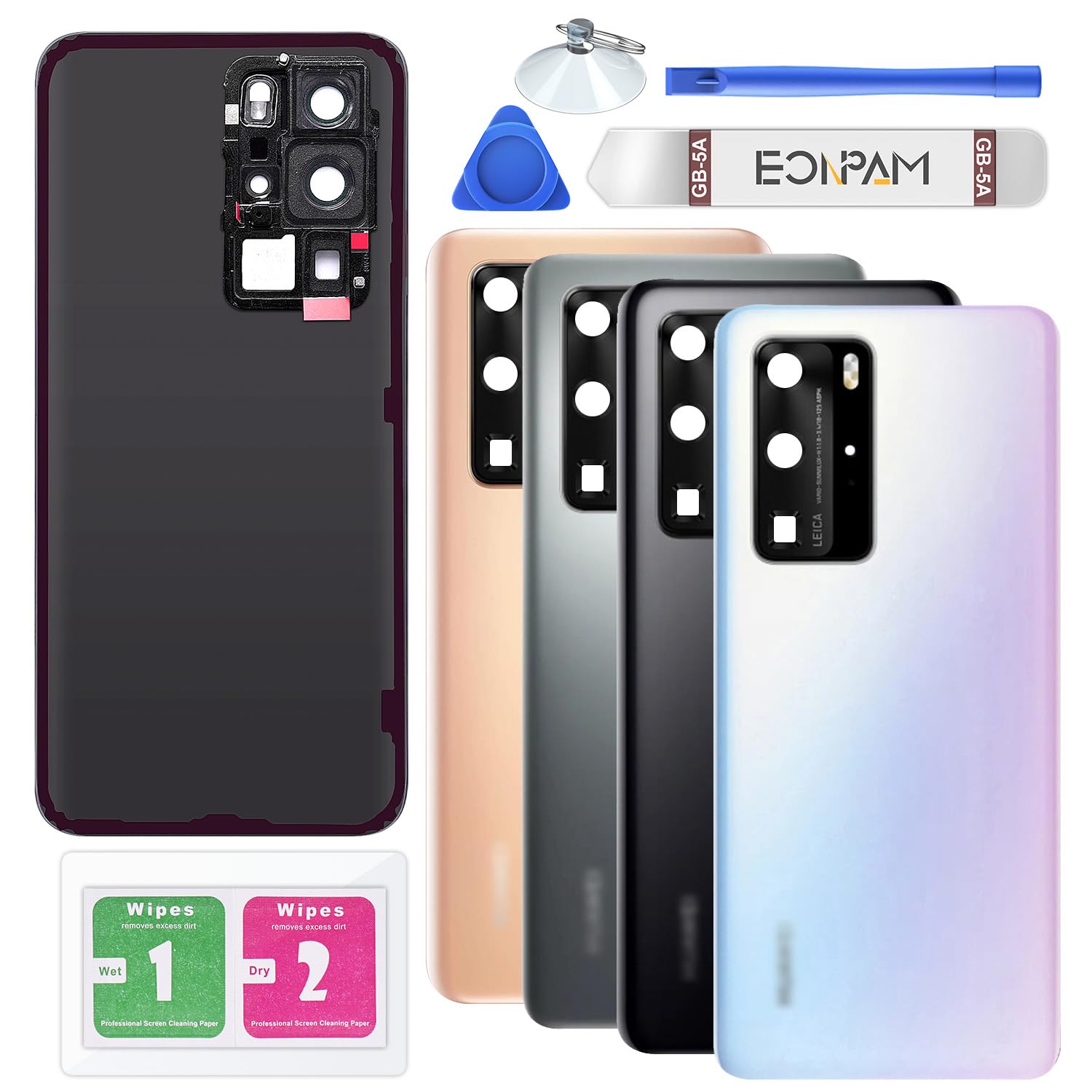 Eonpam Back Cover Glass for Huawei P40 Pro Rear Glass Replacement with Camera Lens + Repair Kit Genuine Rear Housing（White）