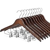 TOPIA HANGER Wooden Suit Hangers with Adjustable Metal Clips (10 Pack), Solid Wood Clothes Hangers, 360° Swivel Hook, Premium Retro Finish Pants Hangers for Clothes Coat, Jeans, Blouse-CT28A