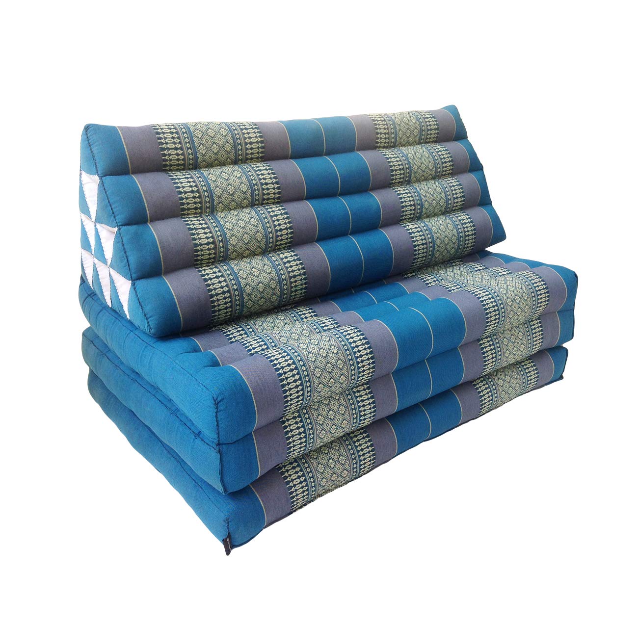 Collumino Extra Wide 80cm Traditional Thai Kapok 3 Fold Meditation Mattress with Oriental Style Triangle Recliner Cushion for Yoga Massage or Relaxation (Blue)