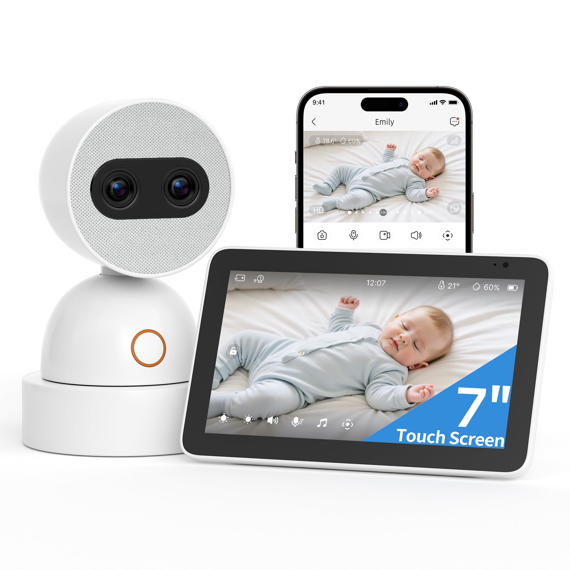 Photo 1 of *POWERS ON** Simsky Video Baby Monitor, Dual 4MP Cameras with 6X Zoom, 7" UHD Large Touch Screen Smart Portable Audio Monitor, 24/7 Recording in app, AI Tracking, Intelligence Detection, 32GB Local Storage+