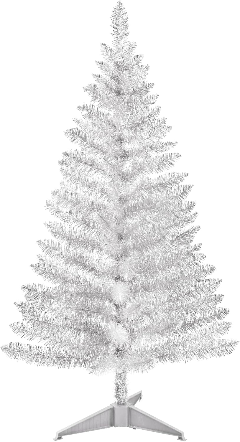 Trees - liguanow Artificial Halloween Christmas Tree 4ft Silver Xmas Pine Trees with Stand Small Mini Christmas Tree for Home Office Party Holiday Supplies Indoor Outdoor Christmas Decorations Ornaments