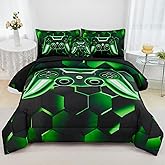 URBONUR Gaming Comforter Set Queen Size 6Pcs Teen Boy Video Game Queen Bed in a Bag Comforter Sets with Sheets, Soft Lightweight Microfiber Bedding Kids Blanket (Black Green, Queen)