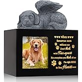 LPREUTWN Pet Urns for Ashes, Large Wooden Pet Urns for Dog or Cat Ashes with Dog Angel, Memorial Keepsake Memory Box with Photo Frame, Loss Pet Sympathy Remembrance Gift (Black)