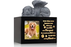 LPREUTWN Pet Urns for Ashes, Large Wooden Pet Urns for Dog or Cat Ashes with Dog Angel, Memorial Keepsake Memory Box with Pho