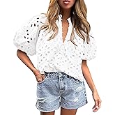 Chapsor Women's Casual Summer Blouse Tops Hollow Out Eyelet Embroidery V Neck Buttons Puff Short Sleeve Dressy Boho Shirt