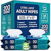 Body Wipes for Adults Bathing No Rinse - Adult Wipes for Elderly 8" x 12" (200 count) Shower No Rinse, Incontinence Disposable Washcloths, Aloe Vera, Vitamin E + 4 individual Packs