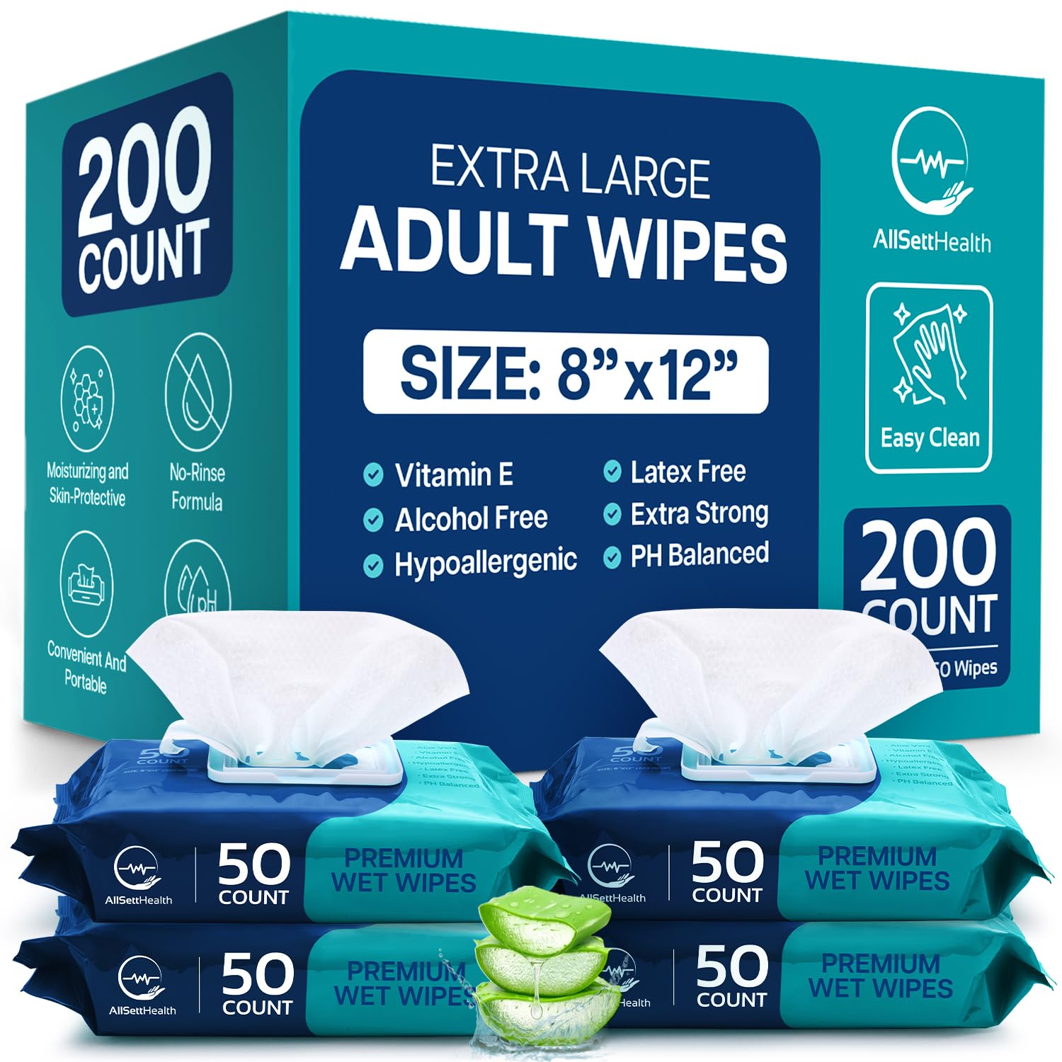 Photo 1 of Body Wipes for Adults Bathing No Rinse - Adult Wipes for Elderly 8" x 12" (200 count) Shower No Rinse, Incontinence Disposable Washcloths, Aloe Vera, Vitamin E + 4 individual Packs