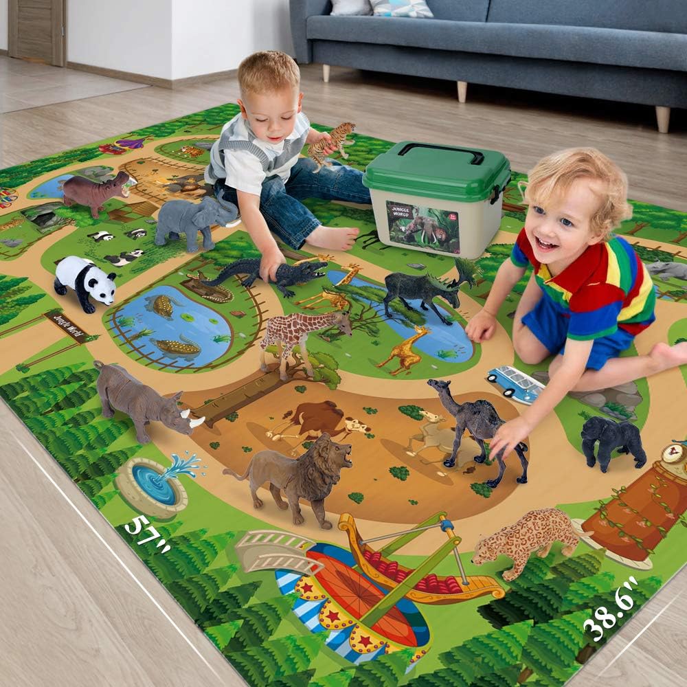 Mini Tudou 12 Pcs Safari Animals Figures Toys w/ 145x98CM Large Activity Play Mat