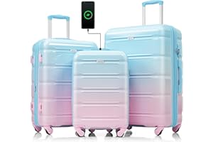 Merax 3pc Luggage Sets Suitcases with Cup Holder, ABS with Spinner Wheels and TSA Lock, Blue/Pink, 20/24/28 Inch
