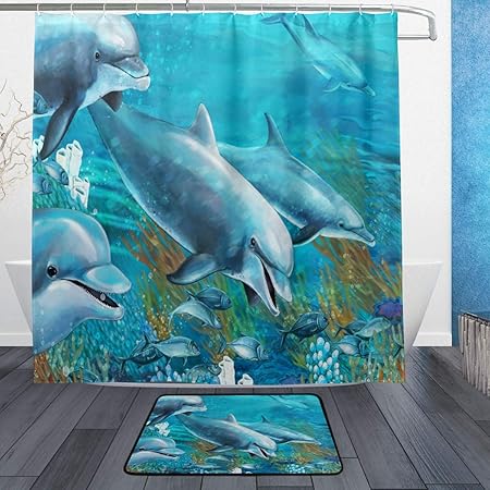 Juego de alfombrillas de ducha con diseño de delfines marinos, diseño