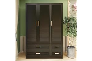 Keloyid Tall Armoire Wardrobe Closet with 4 Drawers, 3-Tier Shelves & Hanging Rod, 3 Louver Doors Wooden Closet Storage Cabinet for Bedroom, Black