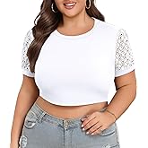 Lastshe Womens Plus Size Crop Tops Summer Trendy Basic Workout Tshirts Lace Short Sleeve Cute Cropped Athletic Tee