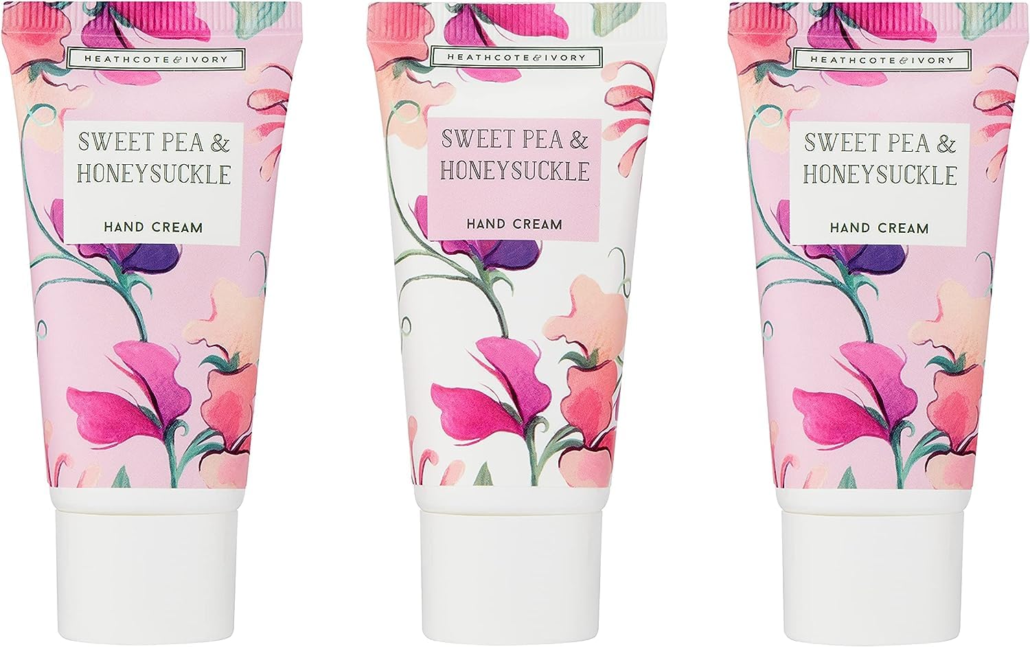 Heathcote & Ivory Hand Cream 3x 30ml, Hands and Nail Moisturiser with Shea Butter, Sweet Pea and Honeysuckle Scent, Pocket and Travel Size, Vegan and Cruelty Friendly, Beauty Gift For Her