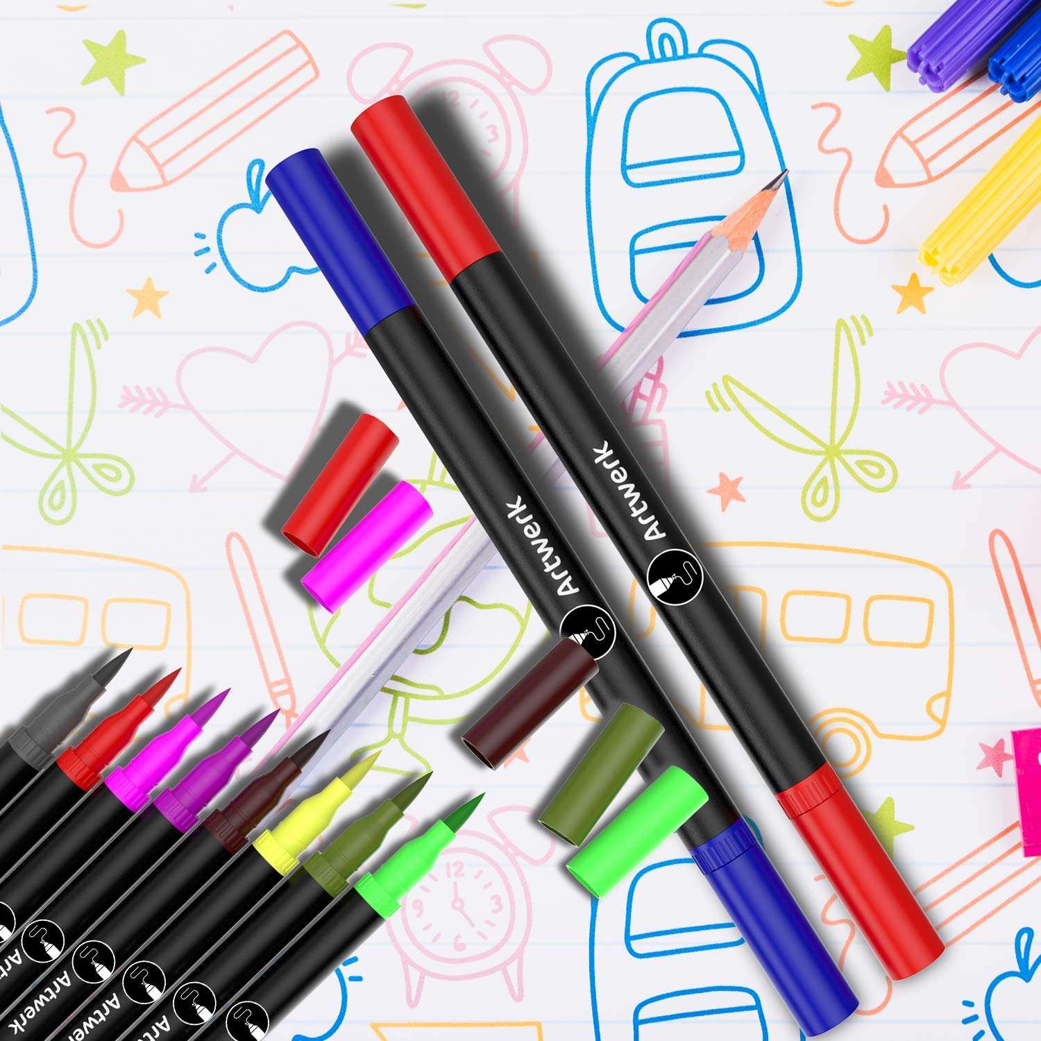 15 Pack Fine Point Brush Marker Pens [Bullet Journal] Dual Tip ArtWerk Colored Brush Pen 0.4 Fineliner Fine Point Markers Set - Dual Tips Art Supplies with Brush Tip - Best for Adult Coloring Books