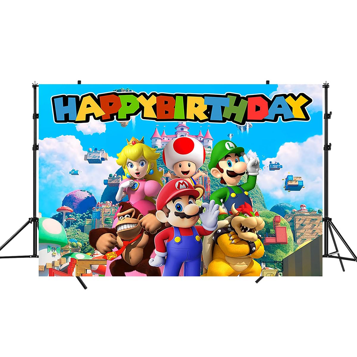 Photo 1 of Mario Backdrop,Mario Birthday Party Banner Background for Photography Children Birthday Party Decoration Supplies, Multicolor, (5x3ft)