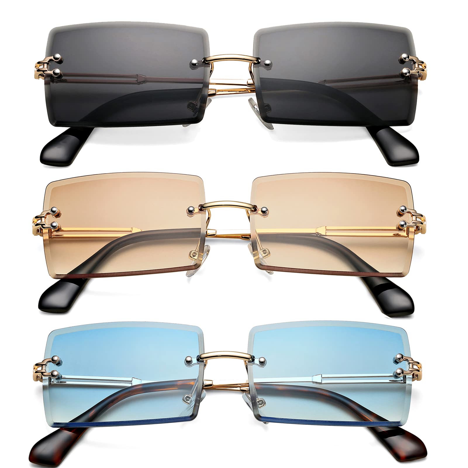 Photo 1 of Rectangle Sunglasses for Men/Women Small Rimless Square Shade Eyewear (Black+Blue+Tea)