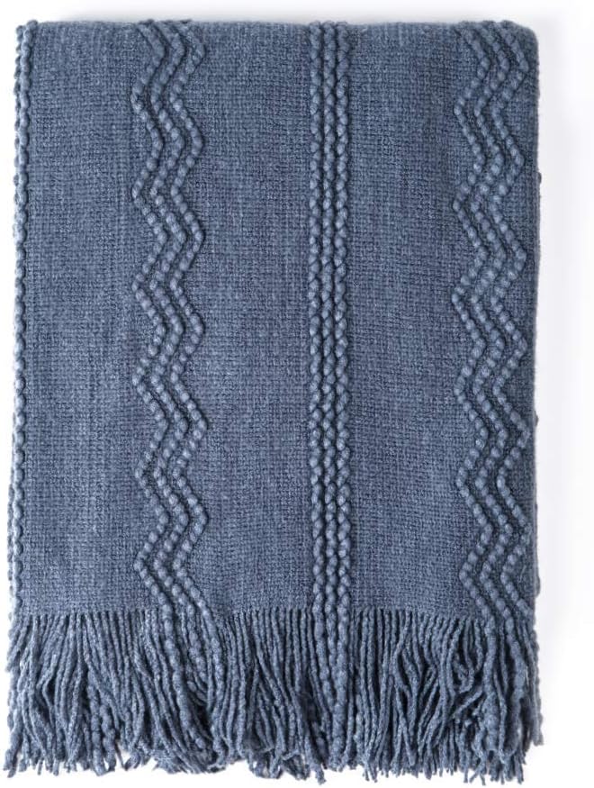 Bourina Textured Solid Soft Sofa Throw Couch Cover Knitted Decorative Blanket, Navy, 60" x 80": Home & Kitchen