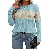 VISLILY Plus Size Sweater Fall Ribbed Knit T Shirts Cute Crewneck Tops Fashion Chic Long Sleeve Womens Pullover Xl Light Blue