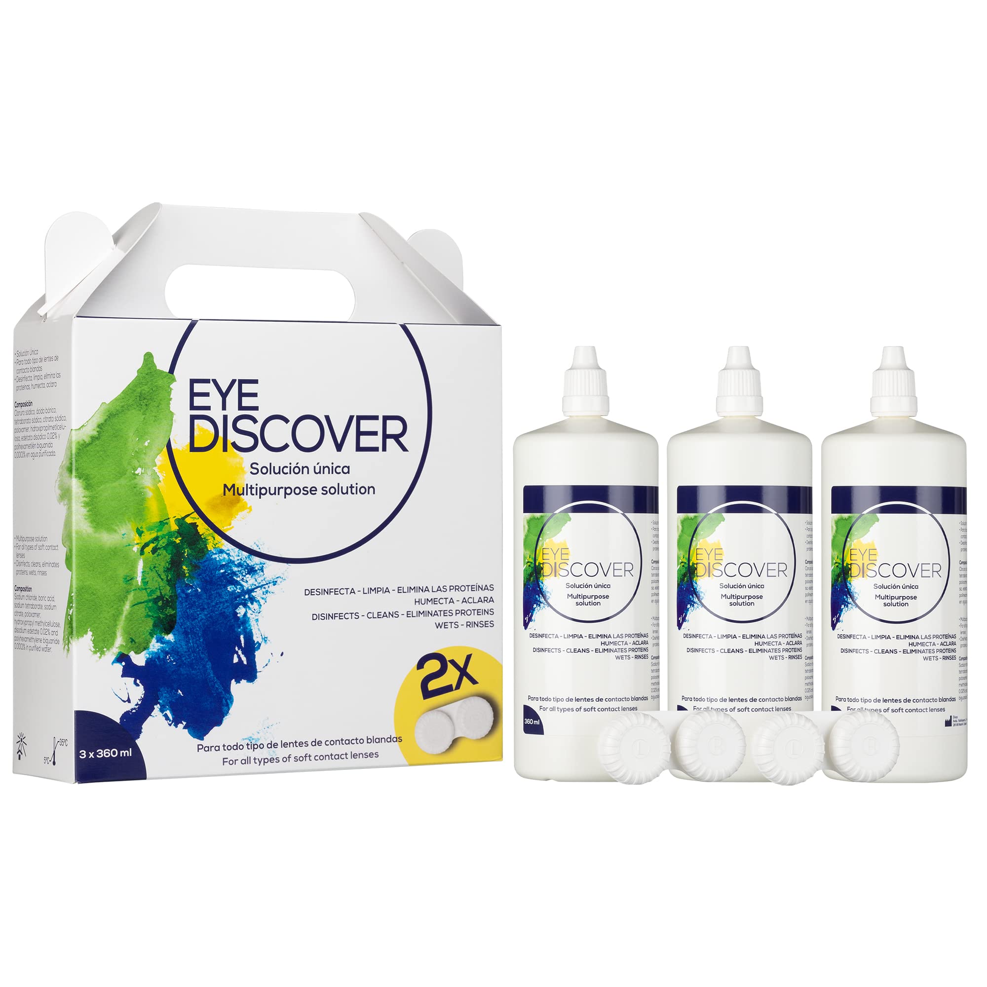 EYE DISCOVER - All in One Contact Lens Solution, Disinfects & Cleans, Removes Proteins, Moisturises, Suitable for Soft Lenses, Includes 2 Antimicrobial Cases, White, 3 x 360 ml