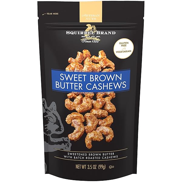 SQUIRREL BRAND SWEET BROWN BUTTER CASHEWS, 3.5 OUNCES RESEALABLE BAG, GLUTEN FREE, VEGETARIAN