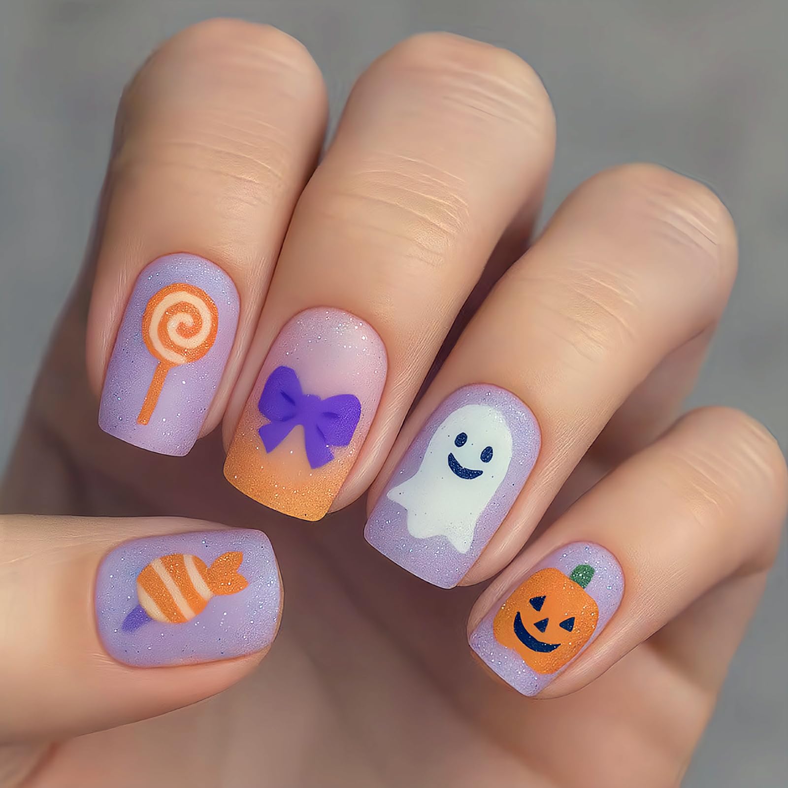 Photo 1 of 24Pcs Cute Halloween Press on Nails Short Square Fake Nails Fall Halloween False Nails with Pumpkin Ghost Bow Candy Design Purple Orange Nails Press ons Holiday Full Cover Glue on Nail for Women