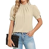 Funlingo Womens Dressy Casual Tops 2026 Short Puff Sleeve Blouses Mock Neck Pleated Shirt for Business Work