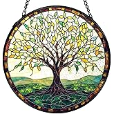 XINCEYWJ Tree of Life Suncatchers Stained Glass Window Hanging, Tree of Life Decor Sun Catchers Indoor Window Glass Round Wall Decor, Nature Wall Hanging Decorations, 7.9x7.9in