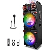 ROXAAN Portable Party Wireless Bluetooth Speaker with Dual 10" Subwoofer, 80W Rechargeable PA System with Bass/Treble, Wired Microphone, Flashing Light, TWS, FM, REC, Telescopic Pull Rod, Wheels