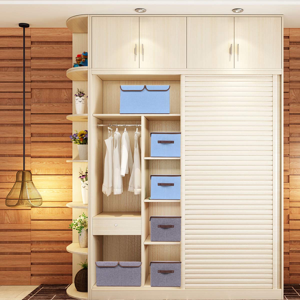 Storage Boxes Set of 3, Large Cotton Fabric Foldable Cube Organiser Bins Baskets with Lids and Handles Container Clothes Blankets for Home, office and Laundry Organization (Light Grey & Sky Blue)